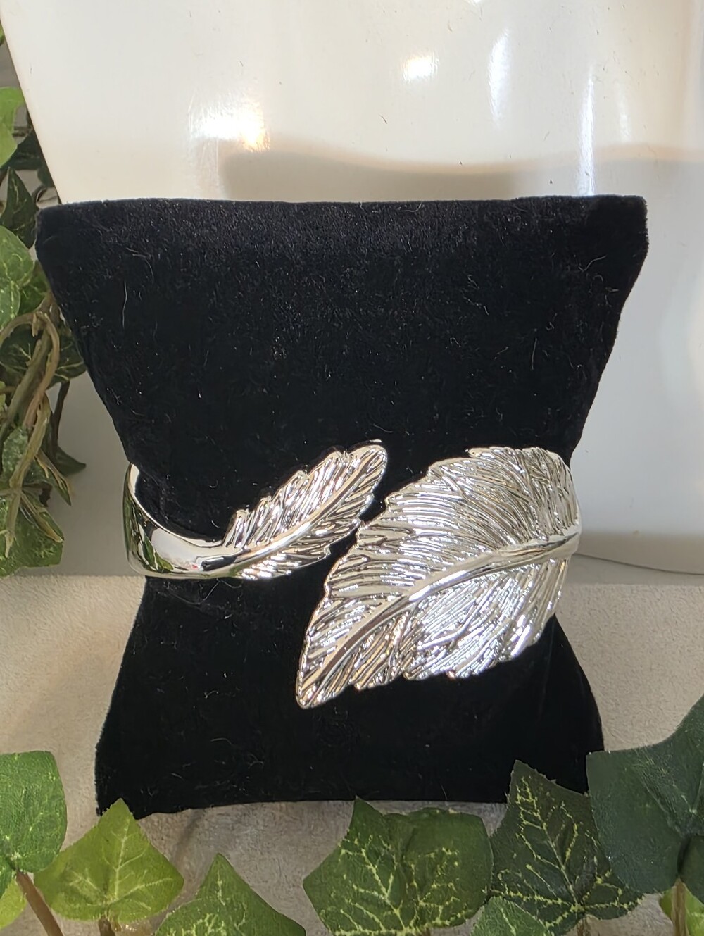 White Gold Filled Feather Leaf Bangle Bracelet | Hinged Statement Cuff Silver